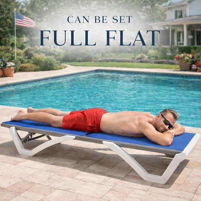 Kozyard Outdoor Chaise Lounge Chair, Full Flat Adjustable Patio Lounger with Aluminum Frame & Resin Legs, Textilene Fabric for Poolside, Backyard & Beach (NavyBlue Without Table)