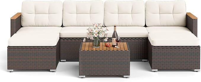 Tangkula 7 Pieces U Shape Outdoor Furniture Set, Patio Rattan Cushioned Chairs & Coffee Table Set, Outdoor Sectional Conversation Sofa with Wood Armrests & Tabletop for Backyard, Porch, Balcony