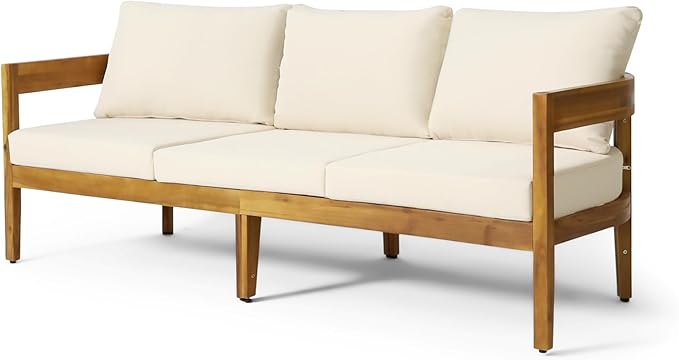 Brooklyn Outdoor 3 Seater Sofa with Cushions - Acacia Wood - Teak/Beige