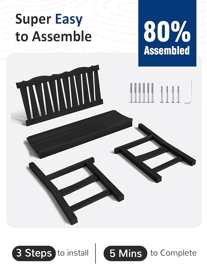 Outdoor Bench Weatherproof, 2-Person Garden Benches for Outdoors, All Weather HIPS Patio Bench Holds up to 800lbs, Never Rot or Fade, Comfort Bench for Porch, Garden, Patio, Backyard and Park, Black