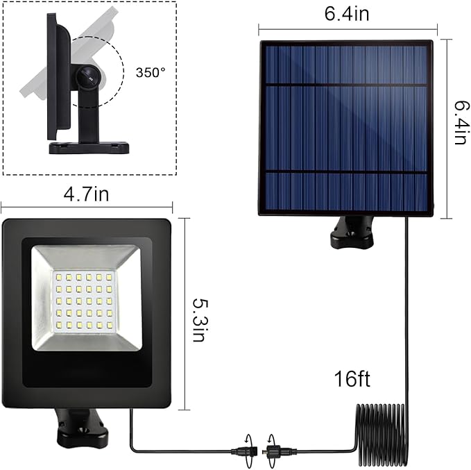 Solar Lights Dusk to Dawn 4400mAh Solar Powered Spotlight Waterproof Flood Light 6000K Lighting with 16FT Cord for Patio, Flag Pole, Fence, White