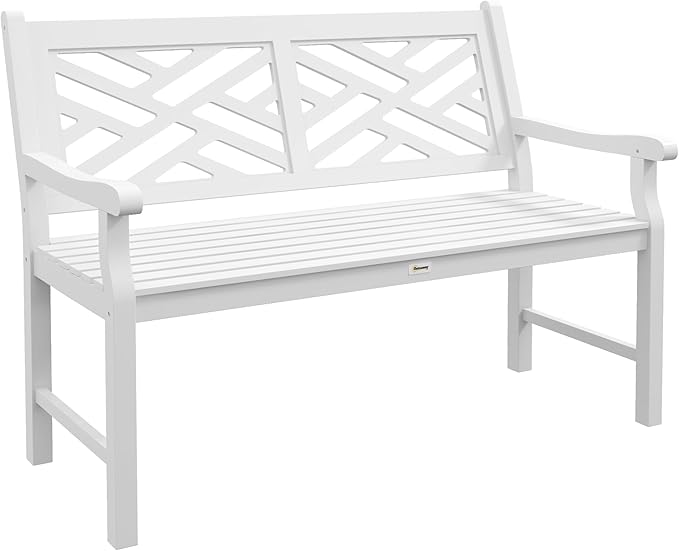 Outsunny Outdoor Garden Bench, Wooden Frame Patio Bench with Geometric Pattern, 43.25 Inch Weatherproof 2-Person Love Seat for Garden, Lawn, Porch, Yard, Work Entryway, White