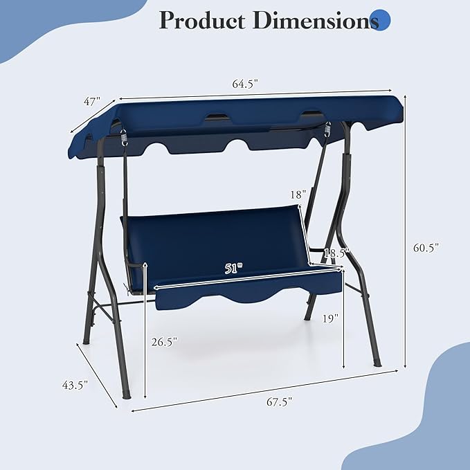 Porch Swing Outdoor, 3 Person Patio Swing w/Removable Cushion, Stand & Adjustable Canopy, Heavy Duty Swing Chair for Patio, Garden, Courtyard, Poolside