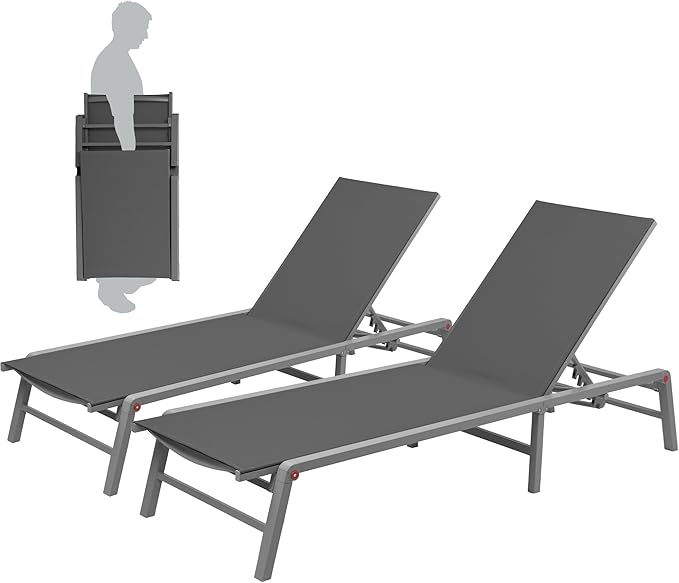Kozyard 2-Pack Outdoor Lounge Chairs, Foldable Aluminum Frame Patio Chaise Lounge with 5-Position Adjustable Backrest, Assemble-Free, Breathable Textilene Fabric for Poolside Beach (Gray, Notable)