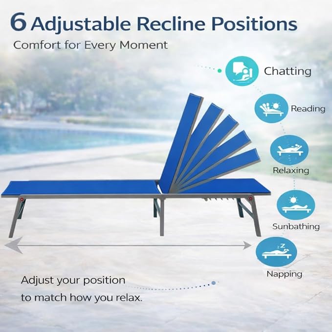 Kozyard Outdoor Foldable Lounge Chair, Aluminum Frame Patio Lounger with 5-Position Adjustable Backrest, Breathable Textilene Fabric, Assemble-Free, Reclining Full-Flat Poolside(Blue)