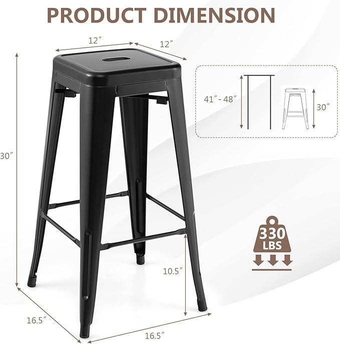 COSTWAY Bar Stools Set of 4, 30” Bar Height Metal Stools with Rubber Footpads & Handling Hole, X-Shaped Reinforced Design, Stackable Stools, for Kitchen, Dining Room, Pub (Black, 30‘’)