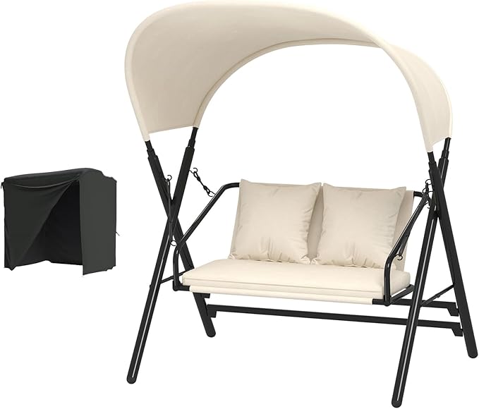 AECOJOY 2 Seat Outdoor Patio Swing Chair with Cover, Porch Swings Chairs for Adult, Outside Metal Steel Frame Patio Swing Bench, Beige