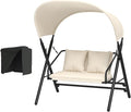 AECOJOY 2 Seat Outdoor Patio Swing Chair with Cover, Porch Swings Chairs for Adult, Outside Metal Steel Frame Patio Swing Bench, Beige