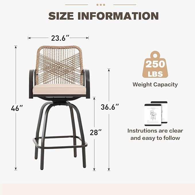 Patio Swivel Bar Stools Set of 2, Outdoor Rattan Height Bar Patio Swivel Chairs with Steel Frame and Thickened Cushion for Garden, Balcony, Lawn and Backyard (Rattan Brown)