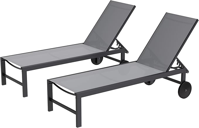 Shintenchi 2 PCS Outdoor Chaise Lounges Chair with Wheels Aluminum Reclining Patio Lounge Chairs with 5 Adjustable Position Recliner for Patio, Beach, Yard, Pool Patio Furniture Set,Light Grey