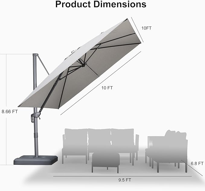 PURPLE LEAF Patio Umbrella 10' X 10' Rectangle Cantilever Umbrella Large Aluminum Outdoor Umbrellas with 360-degree Rotation & UPF40+ Premium Fabric for Deck Pool Garden Yard, Pebble Grey