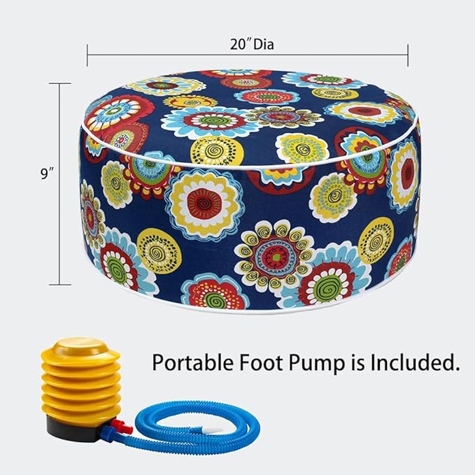 Magpie Fabrics Indoor/Outdoor Inflatable Stool Ottoman Pouf, Water Repellent Round Footrest Footstool with Foot Pump D20 xH9, Portable for Patio Garden Camping or Home, Floral Navy