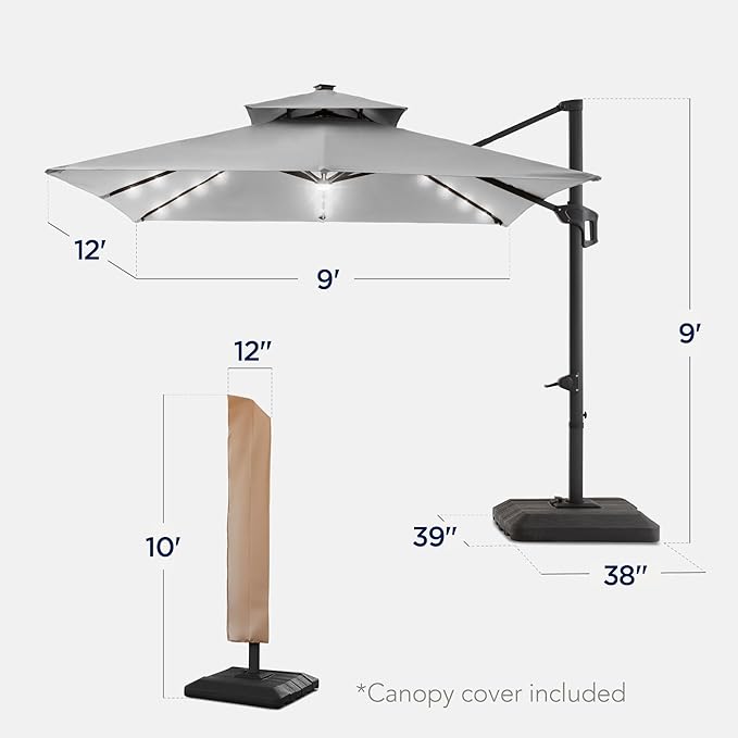 Best Choice Products 9x12ft LED Cantilever Patio Umbrella w/Base Included & 360° Rotation, Large Solar Offset Hanging Outdoor Sun Shade for Deck, Backyard Table w/Stand & Lights – Fog Gray
