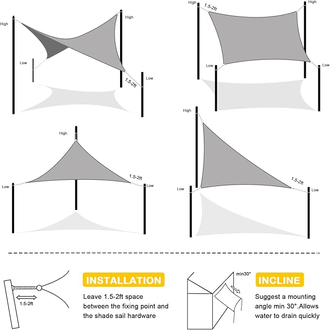 Artpuch Waterproof Sun Shade Sail, 12'x12' Light Grey Rectangular, UV Resistant Rain Canopy, Curved Edges Shade Cloth for Outdoor Patio, Deck, Yard (Customizable)