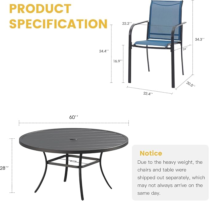 VICLLAX Large Patio Dining Furniture Set, Outdoor Dining Set for 10-60" Round Outdoor Table and Patio Stackable Chairs, Black Tabletop and Blue Fabric