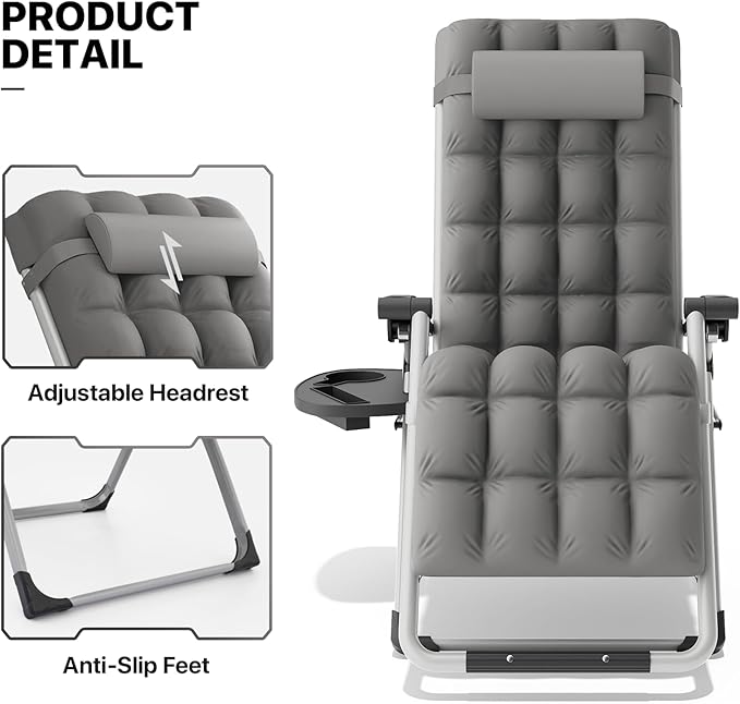 MoNiBloom Beach Chaise Lounge Chair, Patio Folding Recliner with Removable Cushion, Headrest & Tray, Portable Tanning Sunbathing Chair for Poolside Beach Porch Yard, Reinforced Bar, 330lbs Grey