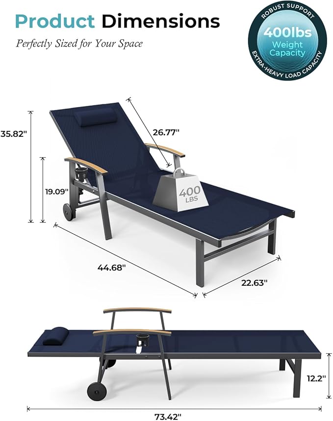 Ciokea Outdoor Lounge Chair with Pillow Set of 4, 5-Position Chaise Lounge with Wheels & Armrests, 400 lbs Heavy Duty Aluminum Pool Lounge Chairs, for Beach, Deck, Poolside & Backyard, Navy Blue