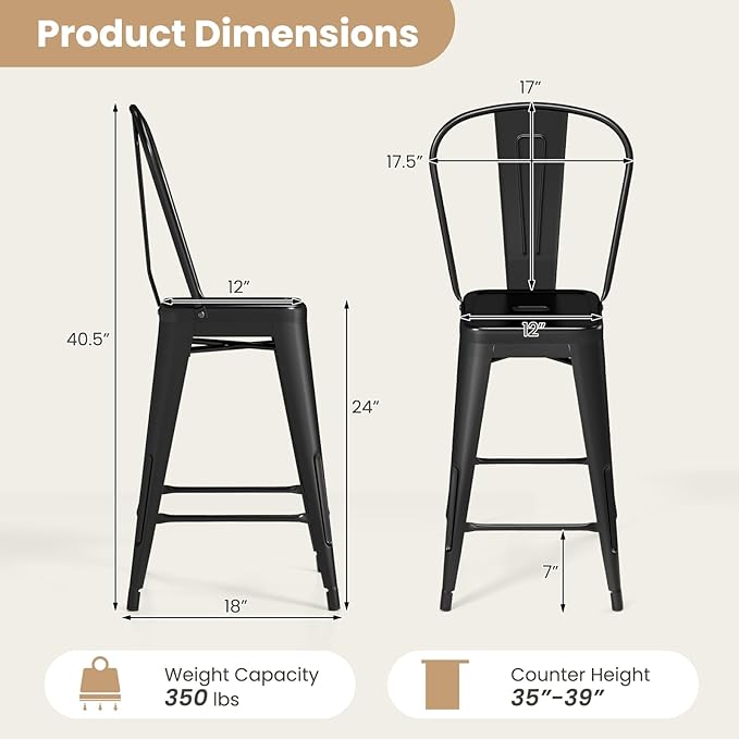 COSTWAY 24'' Metal Bar stools Set of 4, with Removable Back, Counter Height Stools with Rubber Feet, Stylish and Modern Chairs, for Kitchen, Dining Rooms, and Side Bar (Black-Update, 24'')