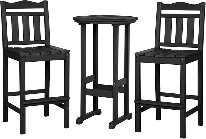 nalone Outdoor Bar Chairs and Table Set, HDPE Balcony Adirondack Chairs and Tables 3 Pieces Set, Outdoor Bar Stools for Garden, Yard, Backyard (Black, Bar Chairs with Table)
