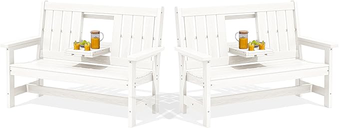 SERWALL Outdoor Bench with Cup Holder, 58" HDPE Garden Park Bench Suitable for 3 Person, All Weather Patio Benches with High Backrest and Wide Armrests for Garden, Park, Yard, Front Porch, White
