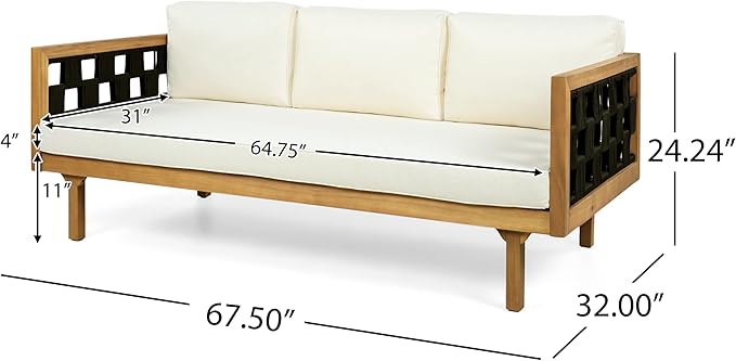 Christopher Knight Home Rosie Acacia Wood Outdoor Daybed Sofa with Water-Resistant Cushion, Solid Wood Patio 3 Seater Sofa Couch, Patio Garden Lounge Sofa with Woven Rope Accent, Black+Teak+Beige