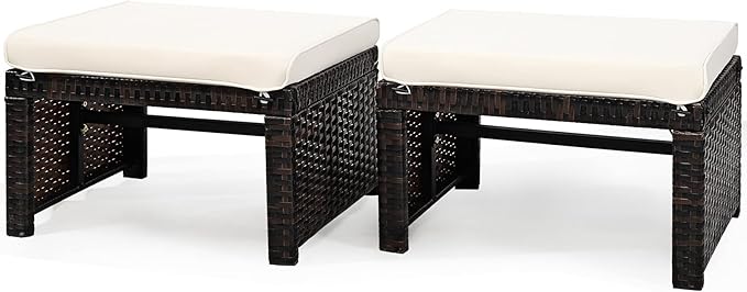 Tangkula 2 Pieces Patio Rattan Ottomans, All Weather Outdoor Footstool Footrest Seat with Soft Cushion, Hidden Zipper, High-Density Sponge, Wicker Ottoman Seat for Patio, Garden, Poolside (White)