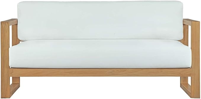 Modway Upland Teak Wood Outdoor Patio Sofa with Cushions in Natural White