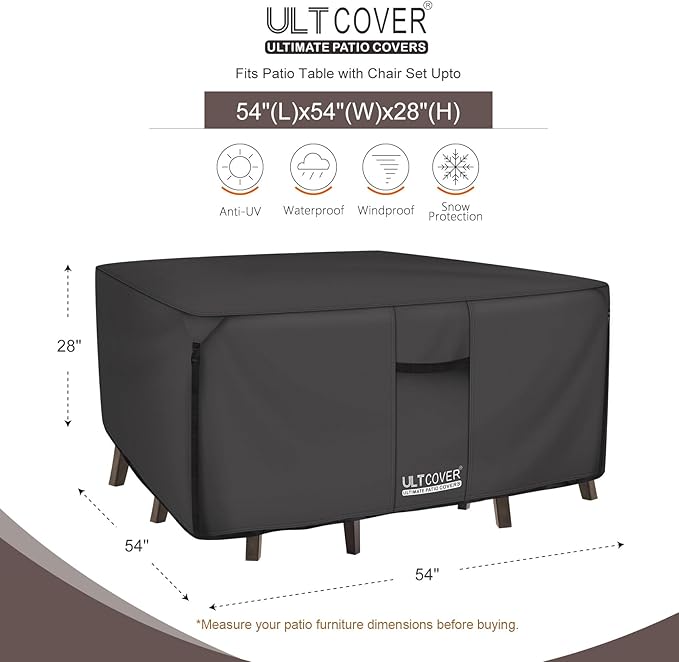 ULTCOVER 600D Tough Canvas Heavy Duty Square Patio Table and Chair Cover - Waterproof Outdoor General Purpose Furniture Covers 54 inch, Black