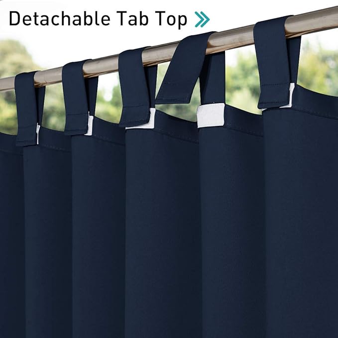 NICETOWN 2 Pieces Blackout Outdoor Curtainss for Patio Waterproof, Detachable Sticky Tab Top Thermal Insulated Outdoor Indoor Drapes Privacy Blinds for Pergola, W52 x L120, Navy Blue