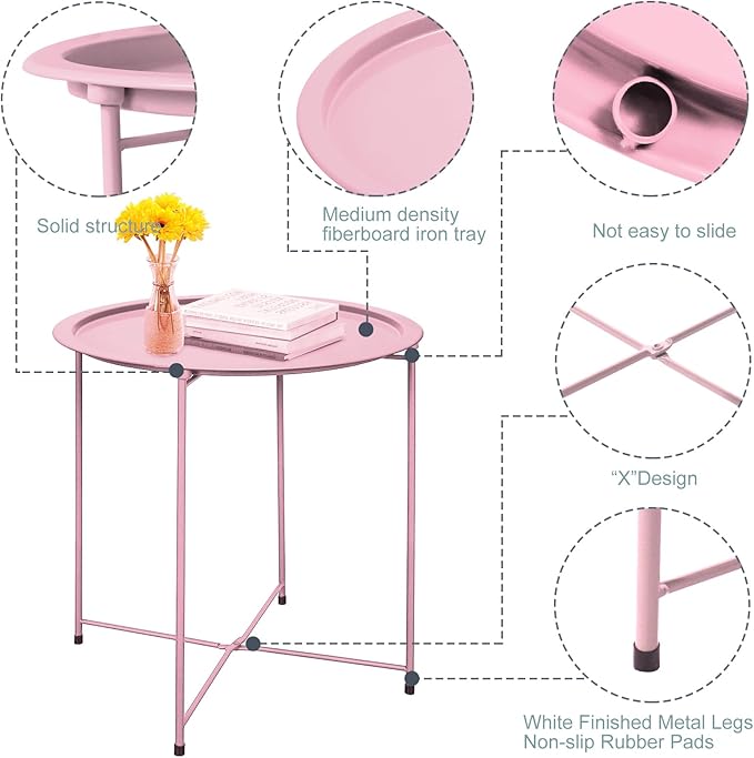 Garden 4 you End Table 2 PCS Metal Side Table Pink Round Folding Tray Cyan Sofa Small Accent Fold-able Table, Round End Table Tray, Next to Sofa Table, Snack Table for Living Room and Bed Room