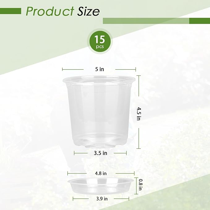 5 Inch Clear Nursery Pots for Plants with Sacuers 15 Pack, Plastic Flower Pots with Drainage Holes, Variety Pack Seedlings Garden Pot for Indoor Outdoor (5 inch)