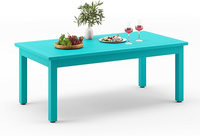 LUE BONA Outdoor Coffee Table Rectangle, 42.5" HDPS Patio Coffee Tables for Outside, All Weather Patio Coffee Table with Slatted Tabletop for Deck, Garden, Balcony, Indoor or Outdoor Use, Aruba Blue