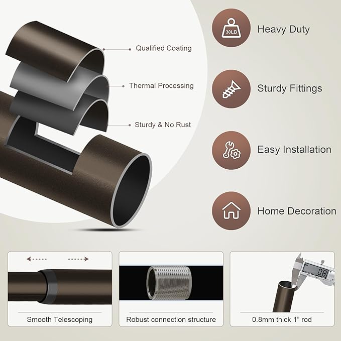 2 Pack Antique Brown Bronze Curtain Rods for Windows 72 to 144 Inches Adjustable Heavy Duty 1" Diameter Window Curtain Rod with Finials for Outdoor Farmhouse Bedroom Kitchen Living Room