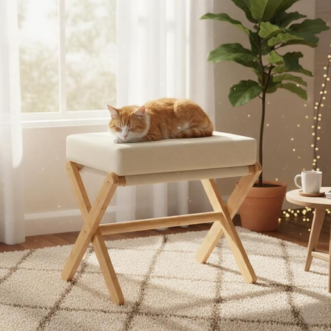Foldable Foot Stool Ottoman, Modern Foot Rest with Bamboo X Legs & Thick Foam Cushion, Folding Foot Stools Small Padded for Bedroom Living Room, Footstool for Chair Couch (Natural - Beige)
