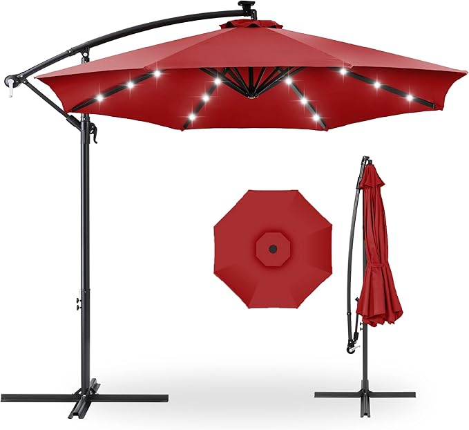 Best Choice Products 10ft Solar LED Offset Cantilever Hanging Market Patio Umbrella, 8 Sturdy Ribs, Easy Adjustment - Red