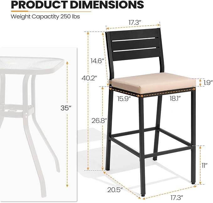 Crestlive Products Outdoor Bar Stools Set of 2, Patio Counter Height Barstools with Cushions, Tall Chairs with Back and Footrest for Deck, Lawn, Garden, Backyard, Poolside, Or Indoor Use (Beige)