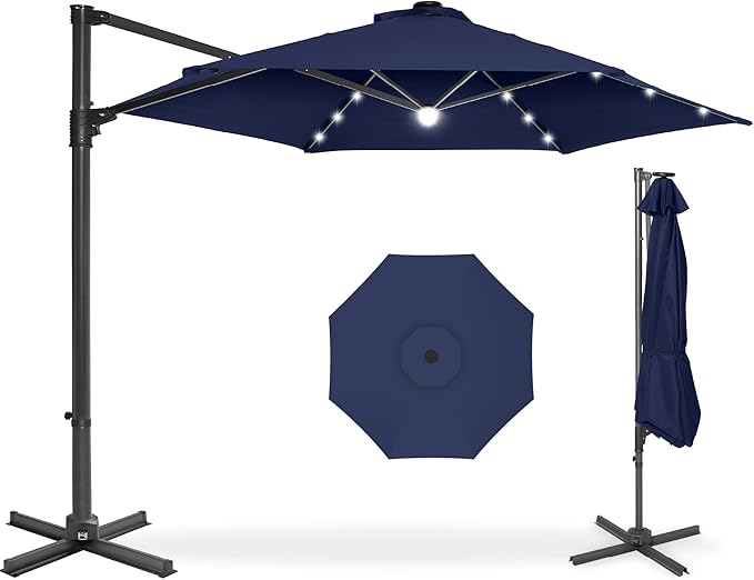 Best Choice Products 10ft Solar LED Offset Cantilever Hanging Market Patio Umbrella, Smooth 360° Rotation, 8 Sturdy Ribs, Easy Adjustment - Navy Blue
