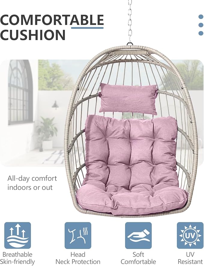 SWITTE Egg Chair Outdoor with Stand, Indoor Wicker Hanging Egg Swing Chair with Cushion, 350lbs Capacity for Patio, Bedroom, Garden - Pink