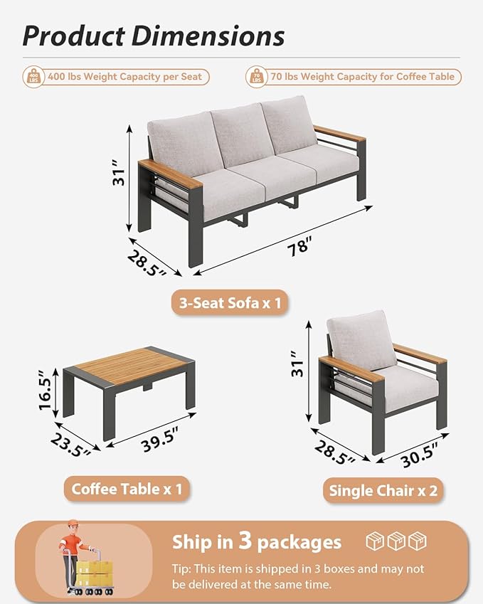 Aoxun Aluminum Outdoor Patio Furniture Set, 5 Seats Outdoor Sectional with Coffee Table, Patio Conversation Sets with Upgraded Armrests and Cushions for Backyard, Garden and Poolside（Grey）