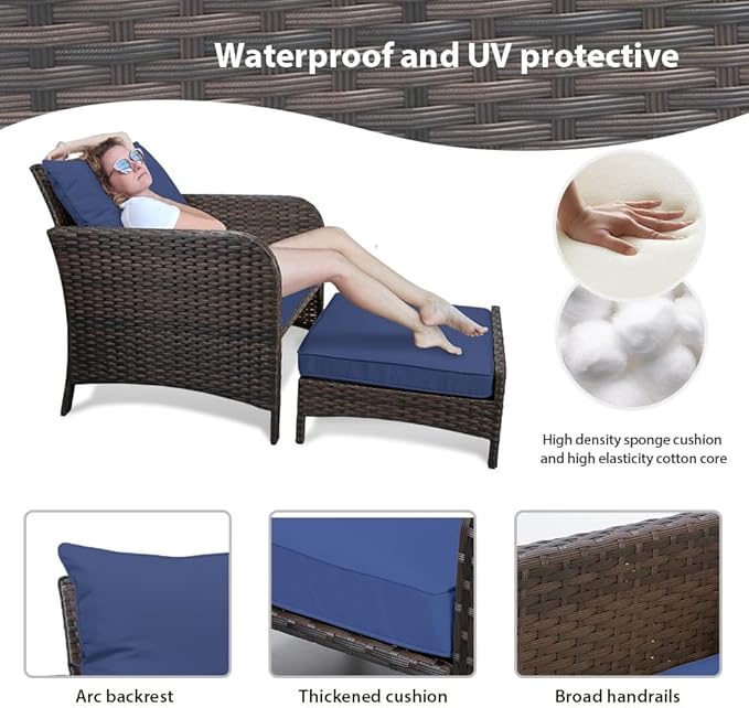 LEVELEVE Balcony Furniture 5 Piece Patio Conversation Set, PE Wicker Rattan Outdoor Lounge Chairs with Soft Cushions 2 Ottoman&Glass Table for Porch, Lawn-Brown Wicker