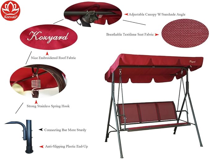 Kozyard 3-Person Outdoor Canopy Porch Swing Chair, Breathable Textilene Armrest Seat, Adjustable Shade, Heavy-Duty Powder-Coated Steel Frame Swing for Patio, Backyard, Poolside & Balcony Burgundy