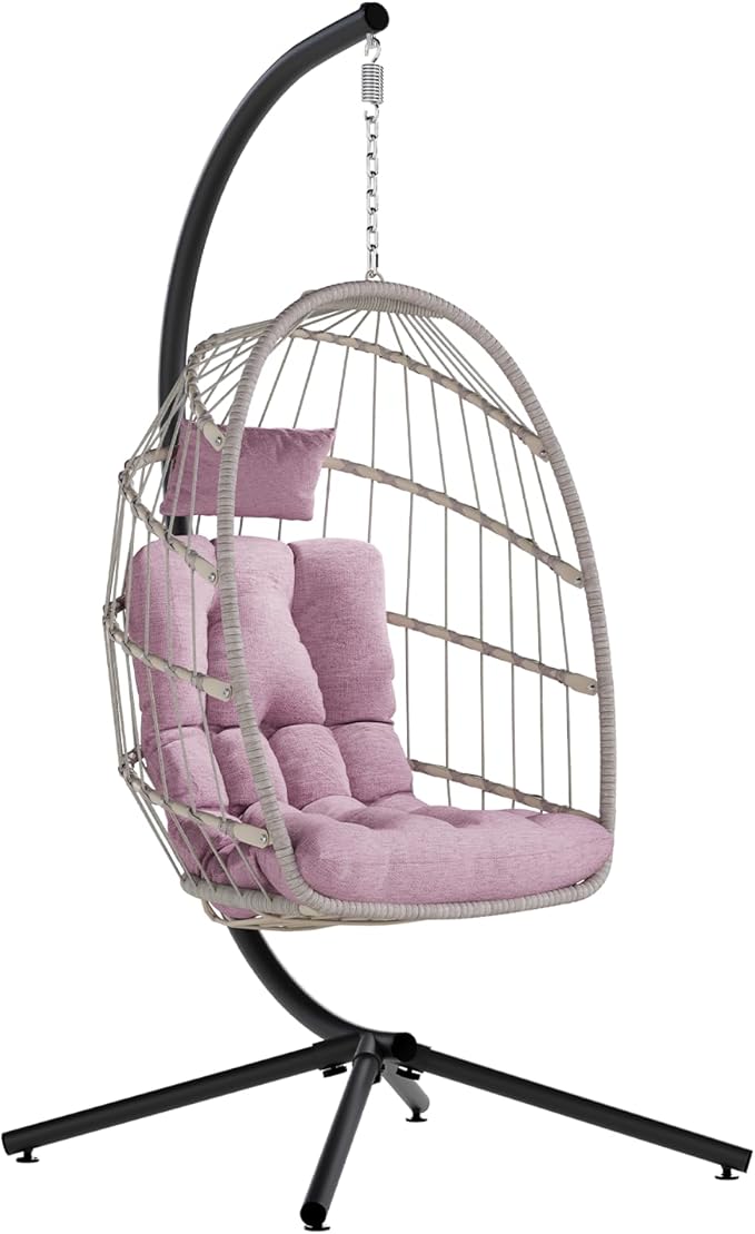 SWITTE Egg Chair Outdoor with Stand, Indoor Wicker Hanging Egg Swing Chair with Cushion, 350lbs Capacity for Patio, Bedroom, Garden - Pink