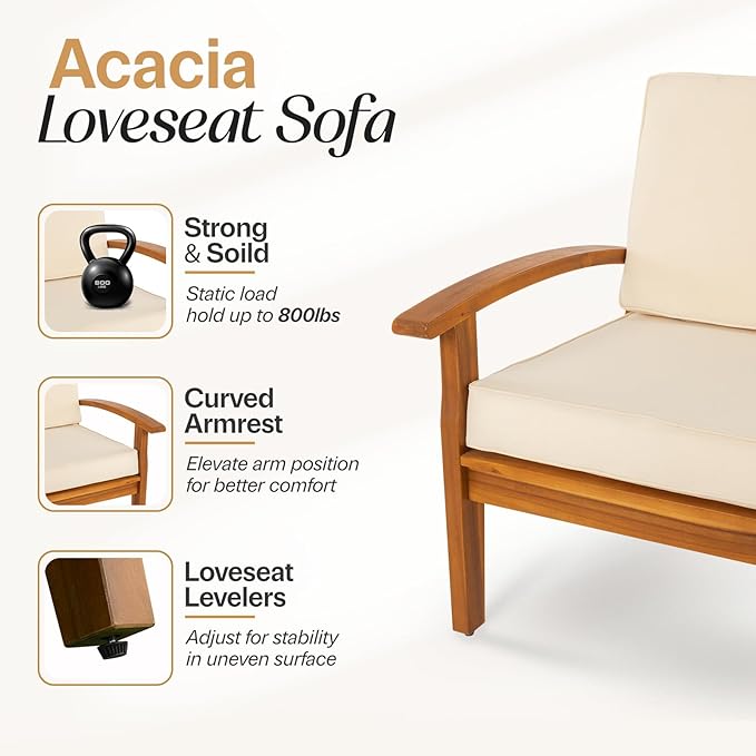 Idzo Laurent 800lbs Capacity Acacia Outdoor Loveseat, FSC Certified 2 Seater Patio Sofa with 3.9in Thick Cushions, Teak Finish Porch Couch for Garden Backyard