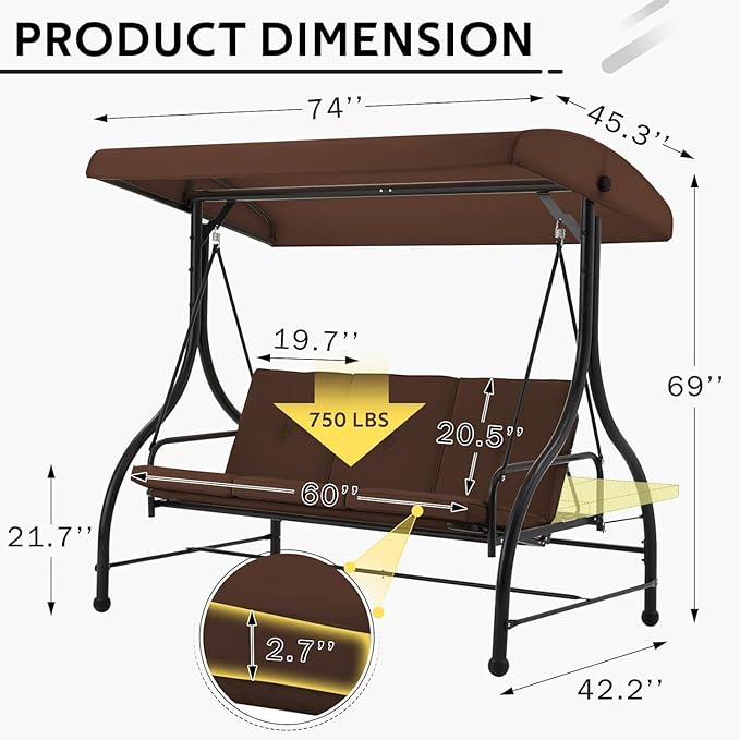 U-MAX Porch Swing with Cover, Patio Swing with Adjustable Backrest&Canopy 3 Seat Outdoor Swing with Canopy 2-in-1 Convertible Patio Daybed with Removable Brown Cushions