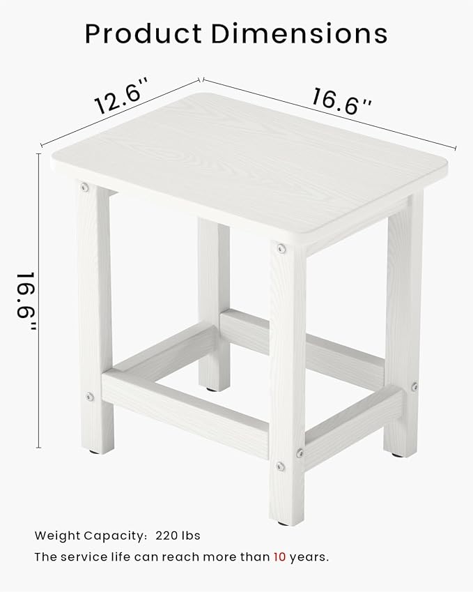 Weatherproof Outdoor Side Table, HDPE Small Outdoor Table for Adirondack, 16.6-Inch Patio Square End Tables for Garden, Backyard, Porch, Deck, Balcony, Poolside (White)