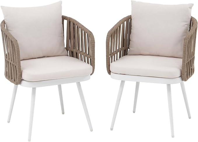 SUNSITT Patio Dining Chairs Set of 2, Outdoor Metal Dining Chairs with Woven Rope, All-Weather Patio Arm Chairs w/Cushions, Porch, Garden, White