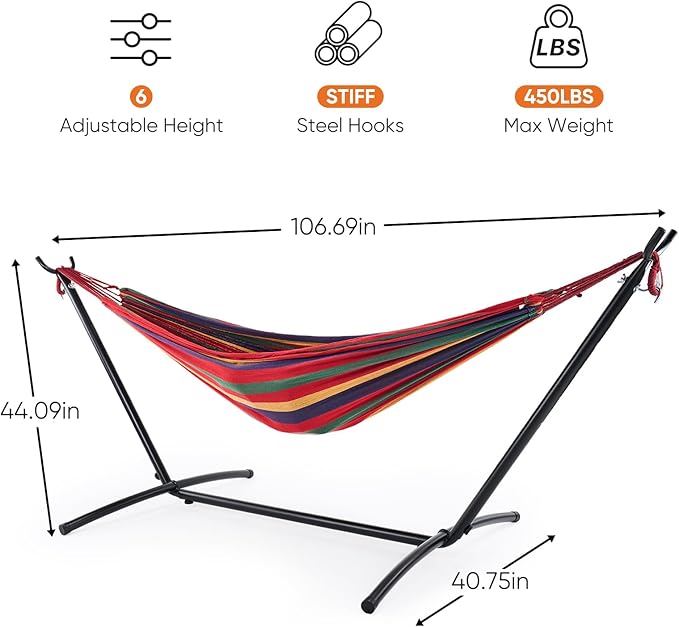 Sweetcrispy Double Hammock with Space Saving Steel Stand Heavy Duty 2 Person Standing Hammocks 450lb Capacity for Outside Garden Yard with Portable Carrying Bag, Red