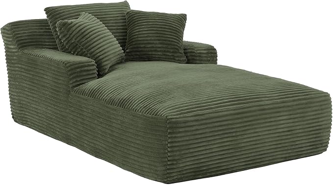 78.7" Chaise Lounge Chair Indoor, Oversized Boneless Couch Comfy Upholstered Sleeper Sofa Bed with 3 Pillows, Corduroy Cloud Reading Chair for Living Room No Assembly Required, Green