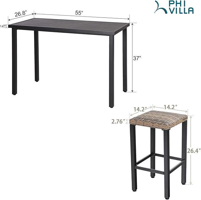 PHI VILLA 5 Piece Patio Bar Set, Black Wood Grain Metal Bar Table & 4 Wicker High Bar Stools, Bar Height Outdoor Dining Set for Porch, Yard, Deck, Poolside