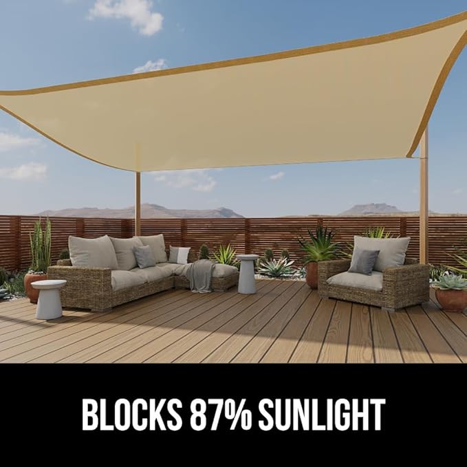 GORILLA GRIP Heavy Duty Sun Shade, UV Protection Fade Tear and Rust Resistant Rectangle Sunshade Canopy, Curved Edges Blocks Sunlight, Breathable Sail, Outdoor Patio, Lawn Garden 12x16 FT Sand